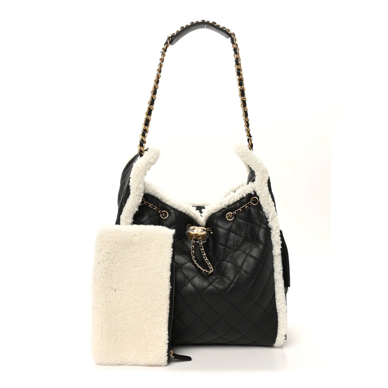 Crumpled Sheepskin Shearling Quilted Medium  25 Handbag Black White
