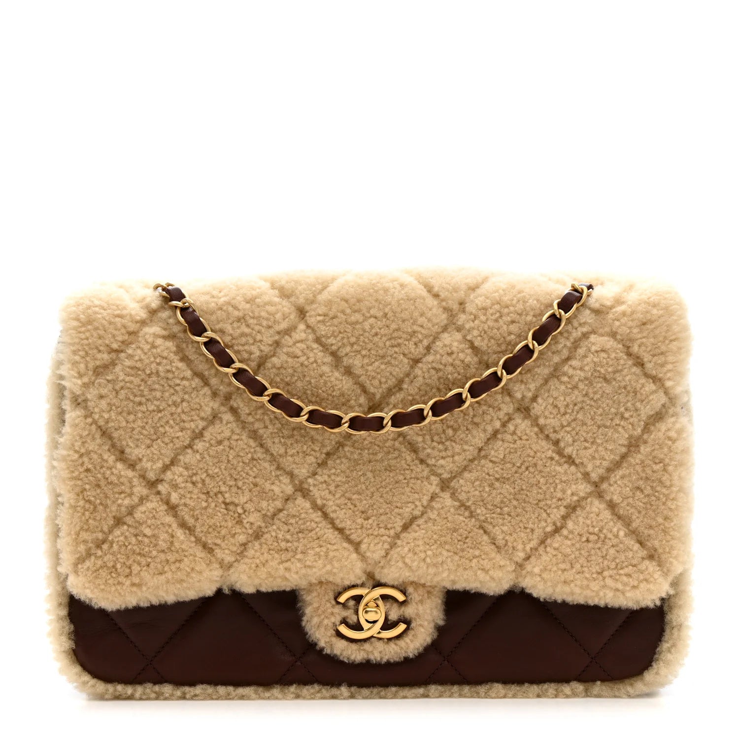 Shearling Lambskin Quilted Large Furry Coco Flap Beige Brown