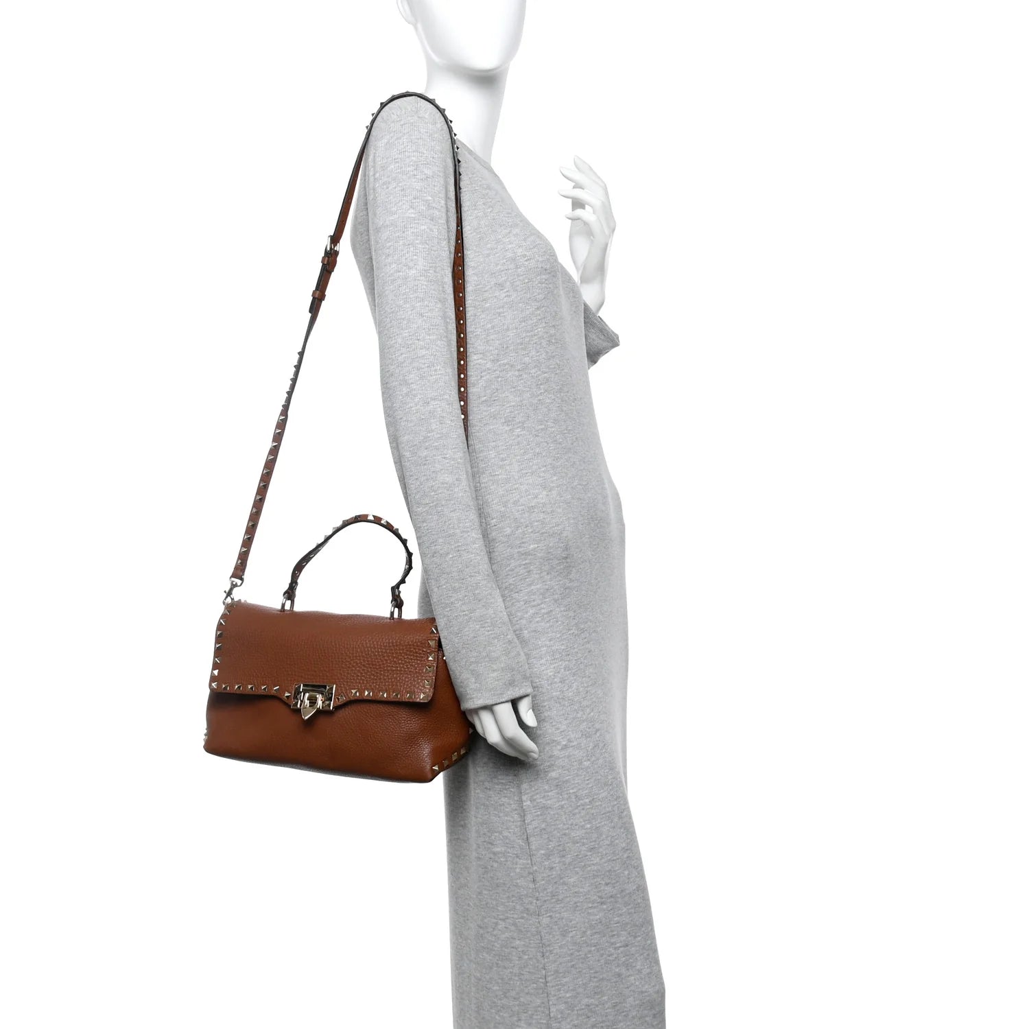 Pebbled Calfskin Medium Rockstud Top Handle Shoulder Bag Cognac