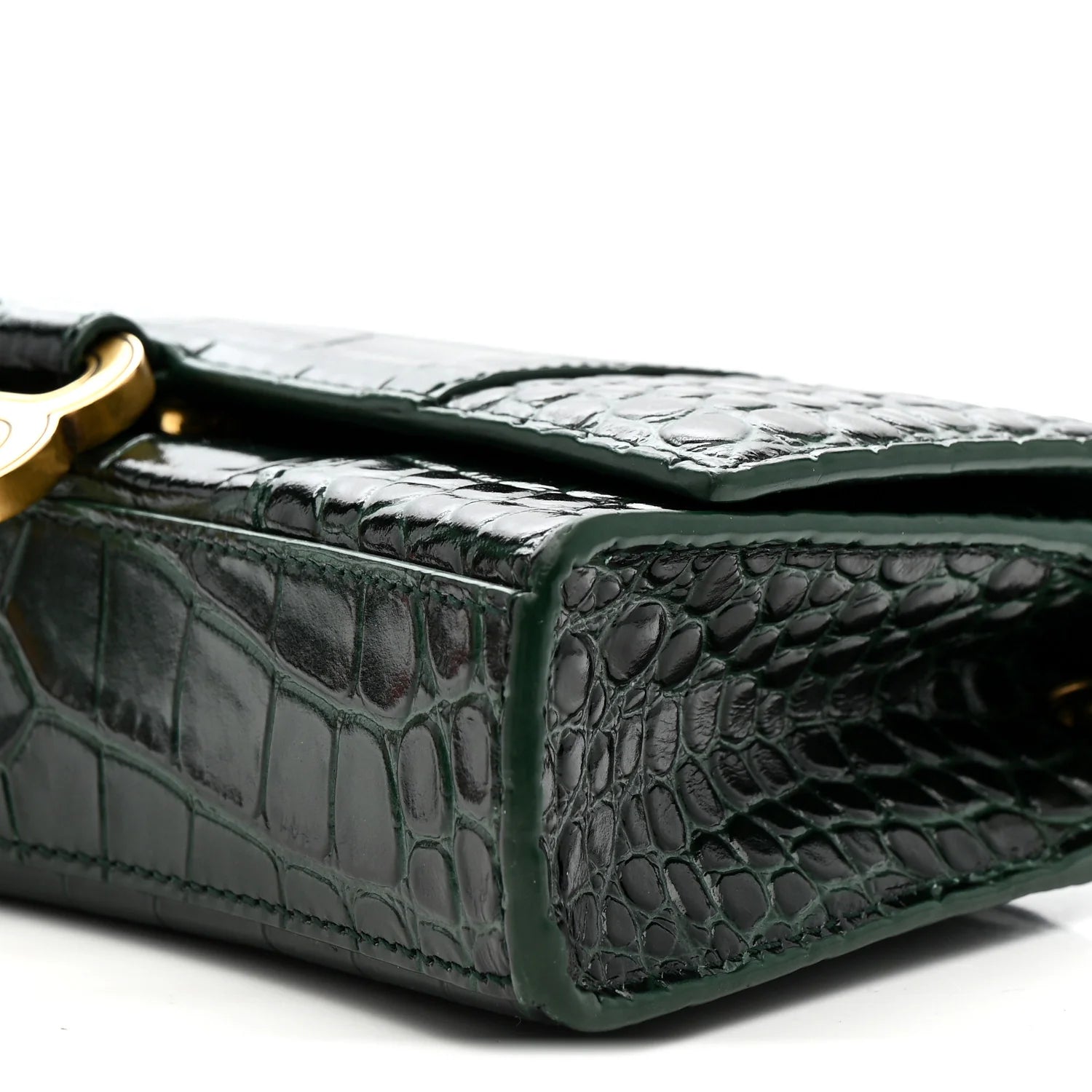 Shiny Calfskin Crocodile Embossed Hourglass Chain Bag Forest Green