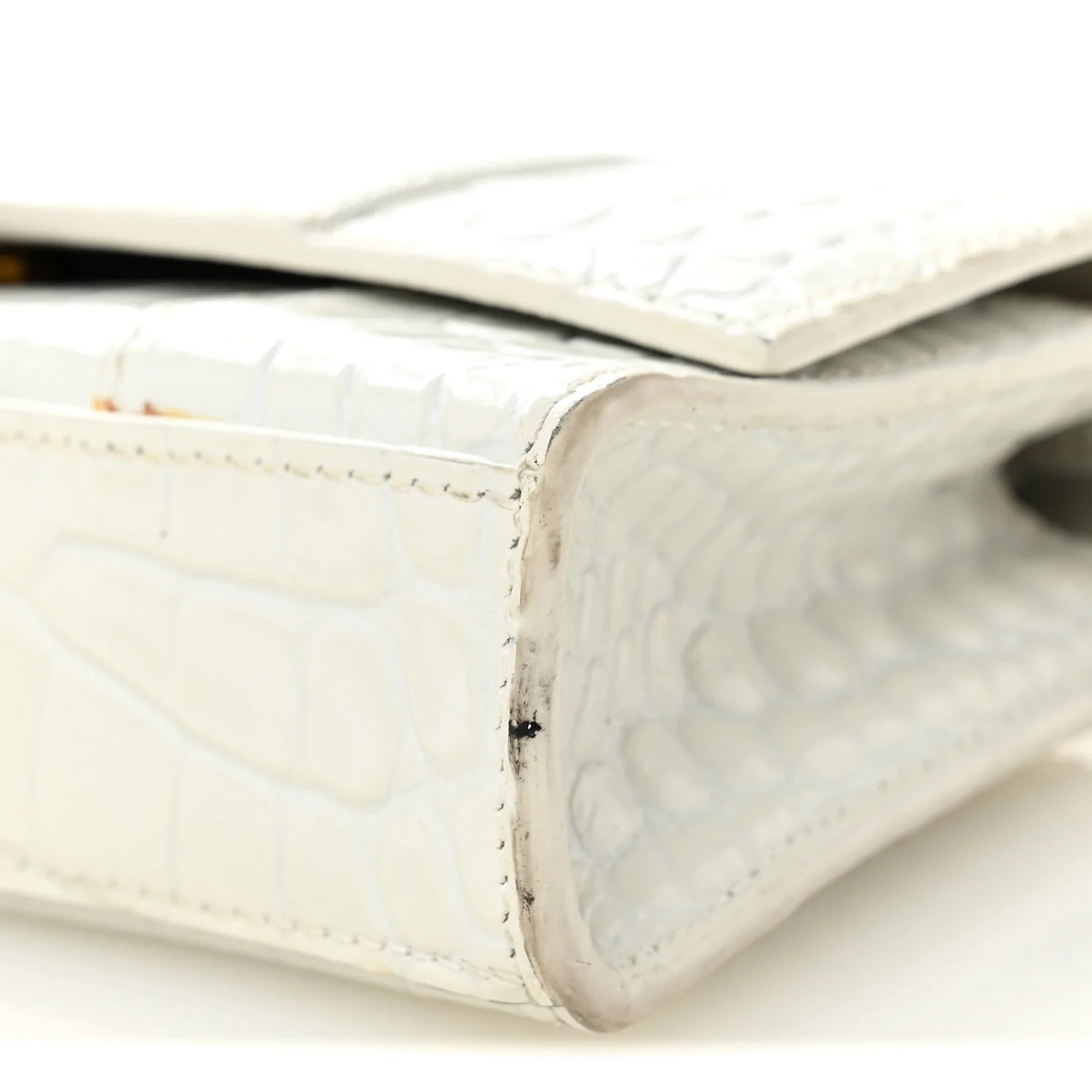 Shiny Calfskin Crocodile Embossed Hourglass Chain Bag White
