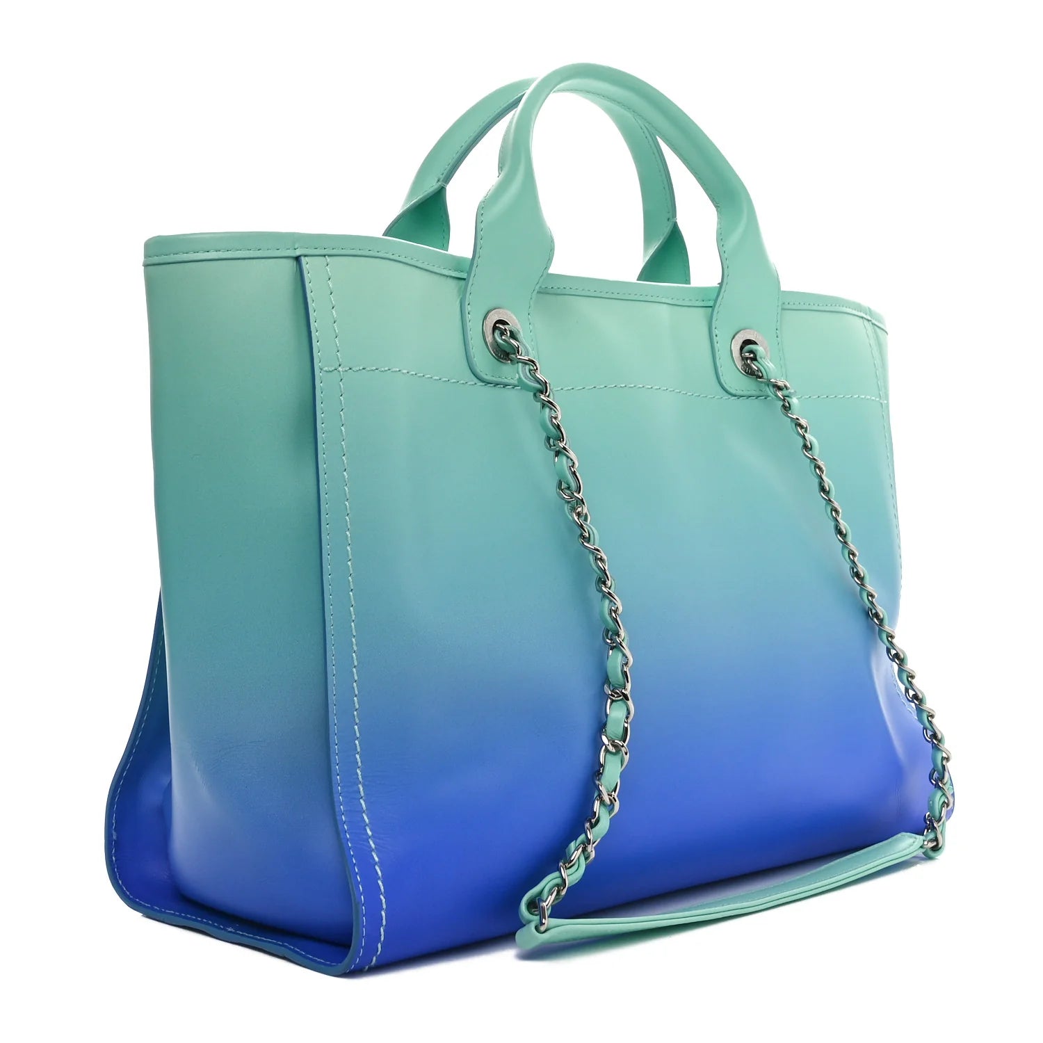 Shaded Calfskin Small Deauville Tote Light Green Turquoise Purple