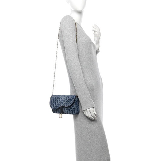 Oblique Denim Small Saddle Pouch with Chain Blue