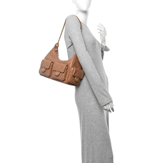 Shiny Lambskin Quilted Trendy Pockets Hobo Brown