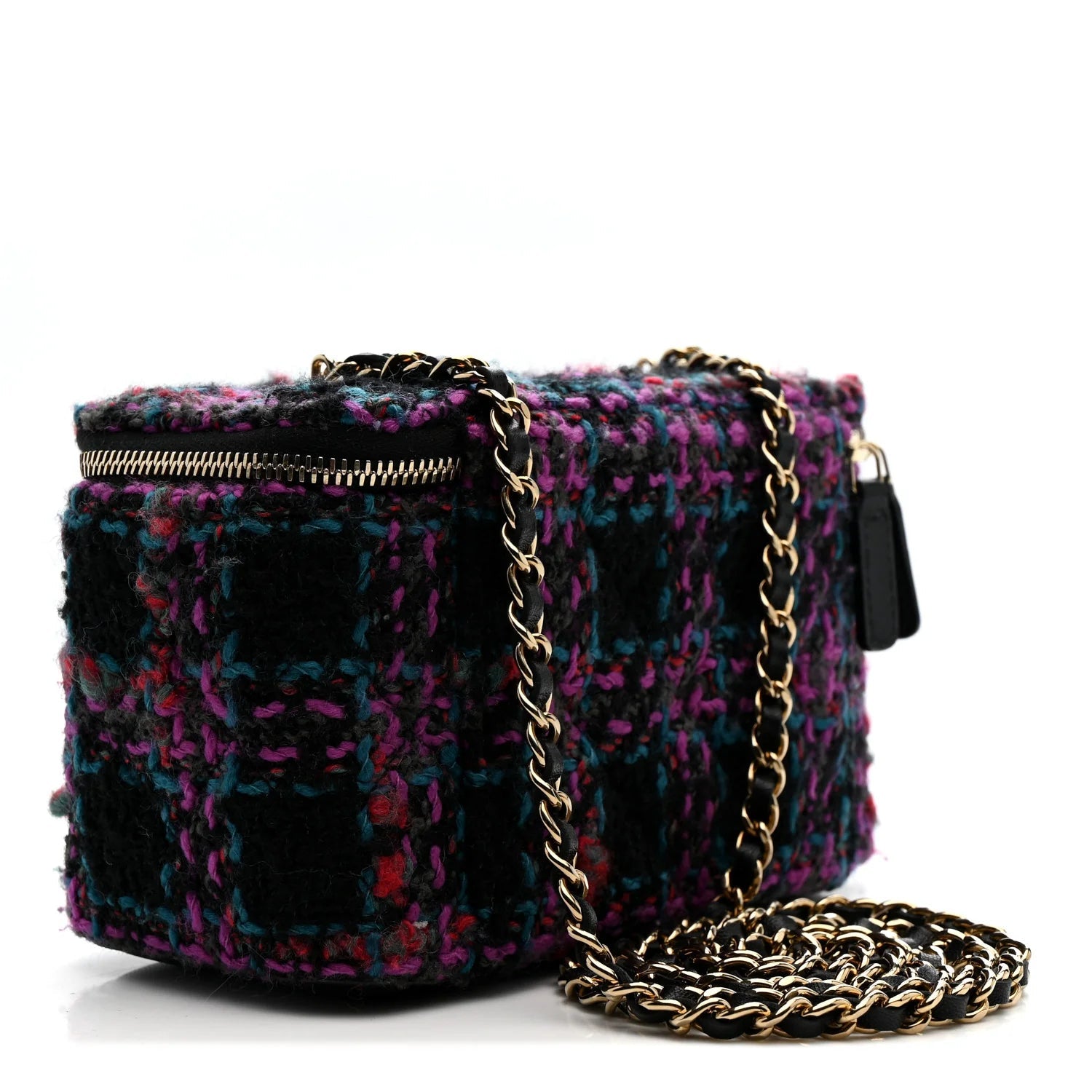 Tweed Quilted Small Vanity Case with Chain Black Purple Green Red