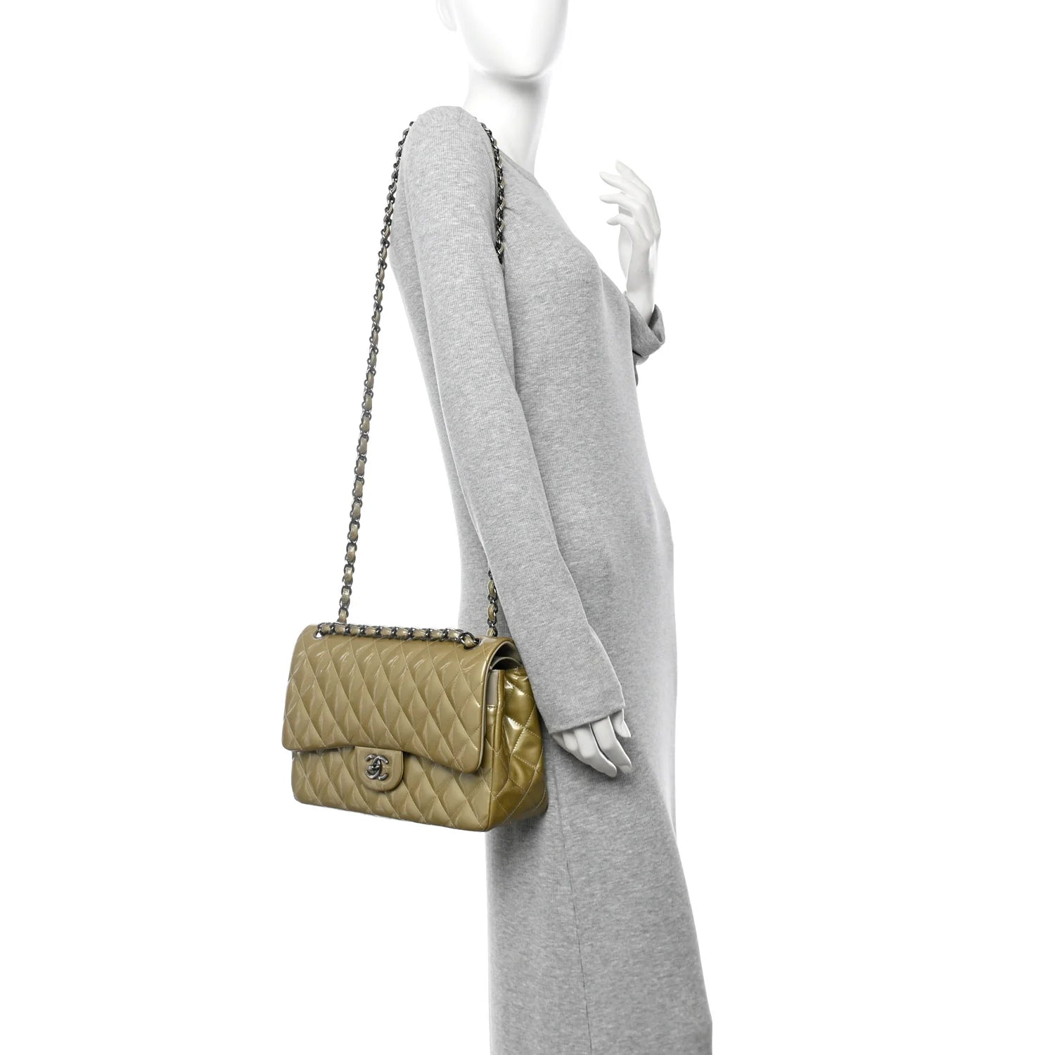 Patent Calfskin Quilted Jumbo Double Flap Grey