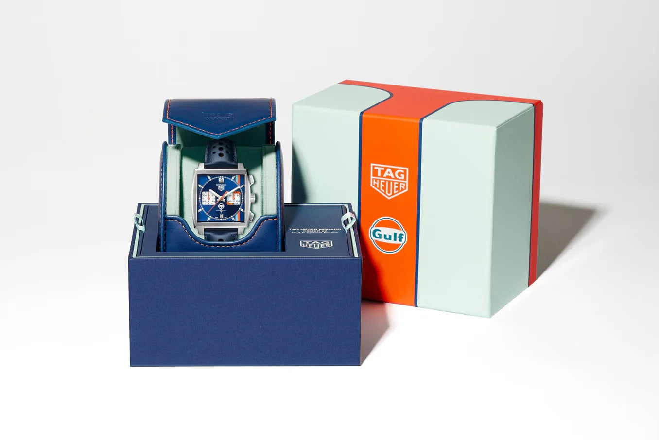 Unworn  Monaco Gulf, Chronograph Automatic, Stainless Steel, 39Mm, Ref# CBL2115.FC6494, Box and Papers