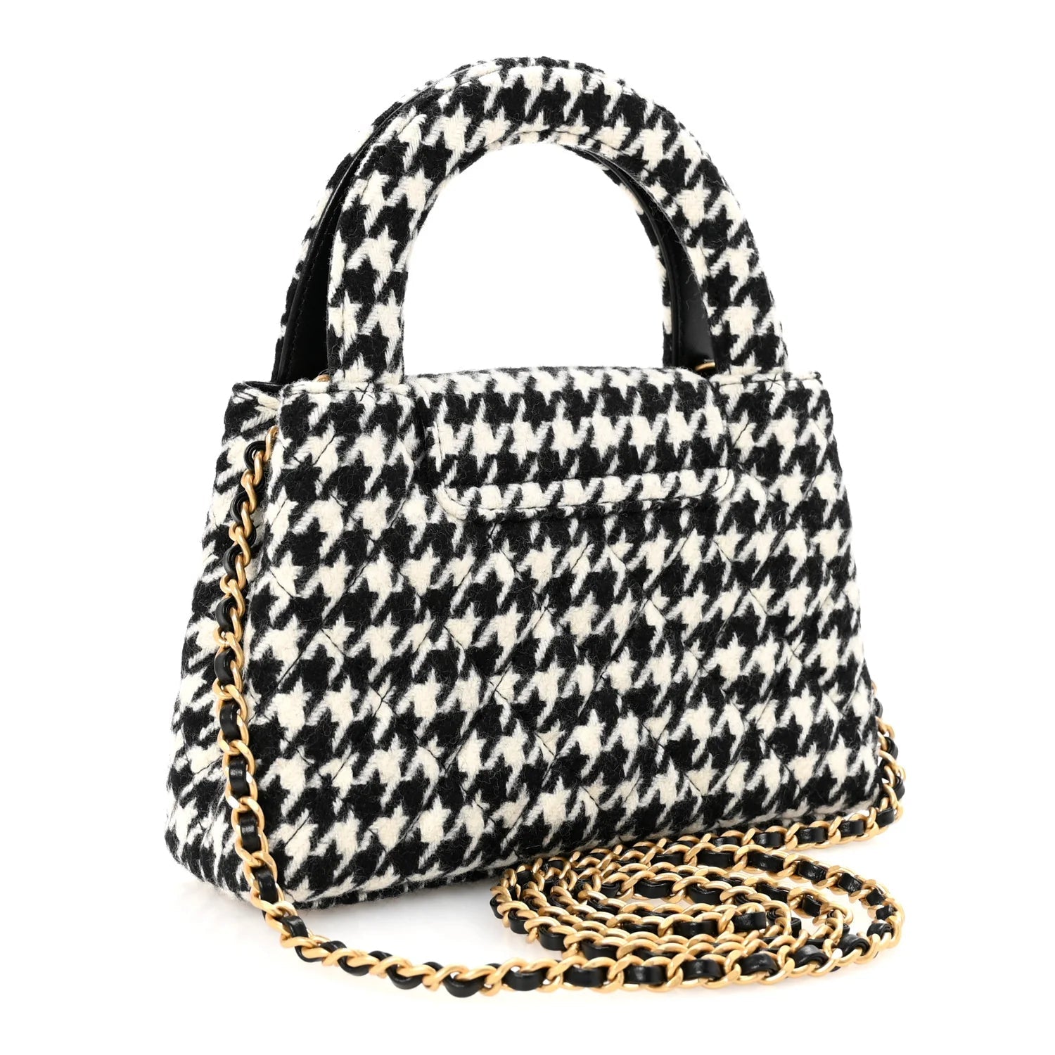 Tweed Houndstooth Quilted Nano Kelly Shopper Black White