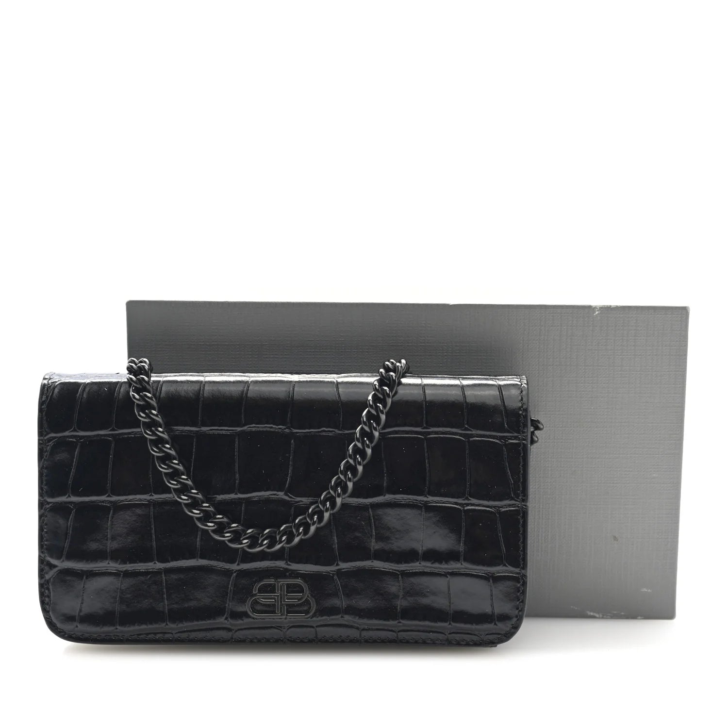 Shiny Calfskin Crocodile Embossed BB Phone Holder Wallet on Chain Black