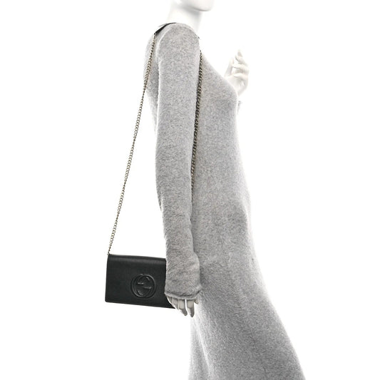 Pebbled Calfskin Soho Wallet on Chain Black