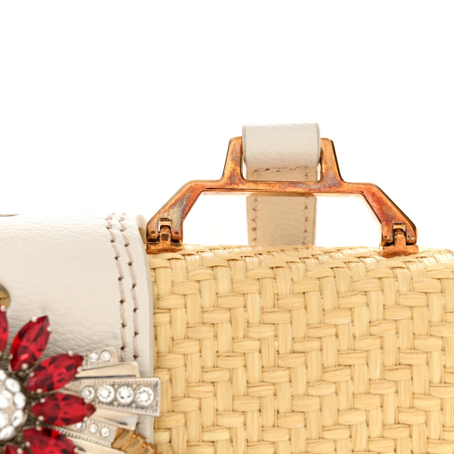 Raffia Madras Crystal Embellished Lady Shoulder Bag Naturale White