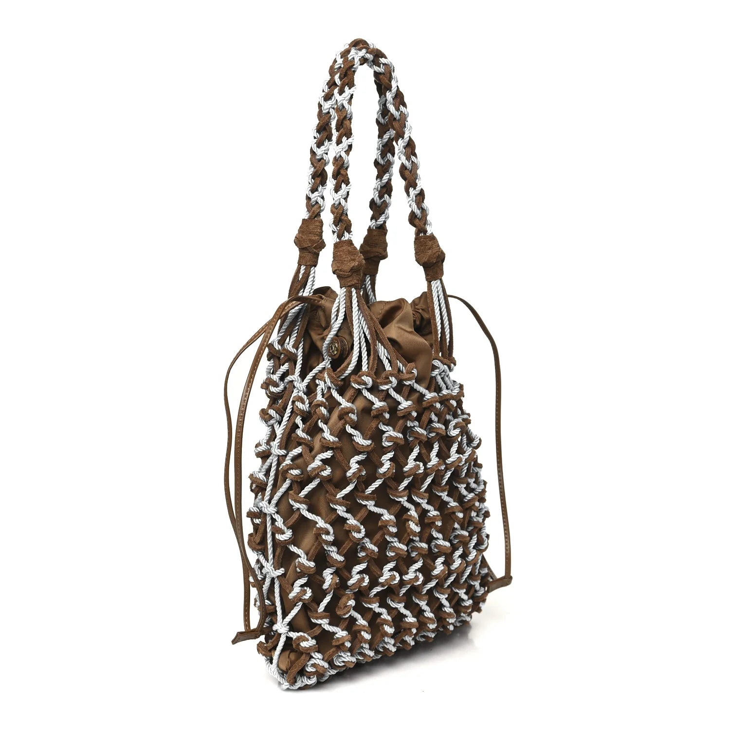 Rete Scamosciato Tessuto Macrame Small Noue Tote Cacao Celeste