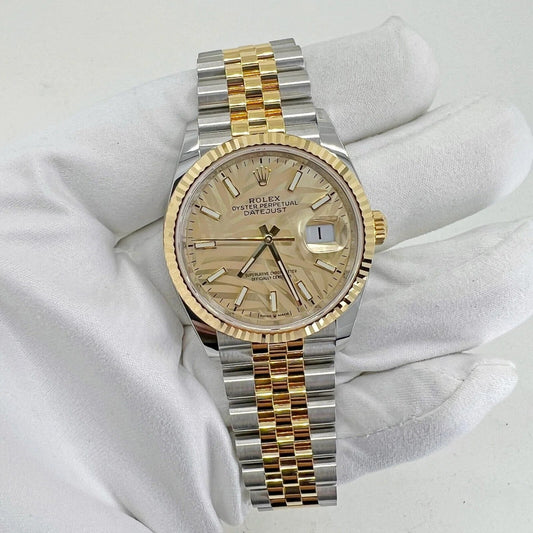 Datejust 36, 18K Yellow Gold and Stainless Steel, 36Mm, Golden, Palm Motif Dial, Ref# 126233-0037