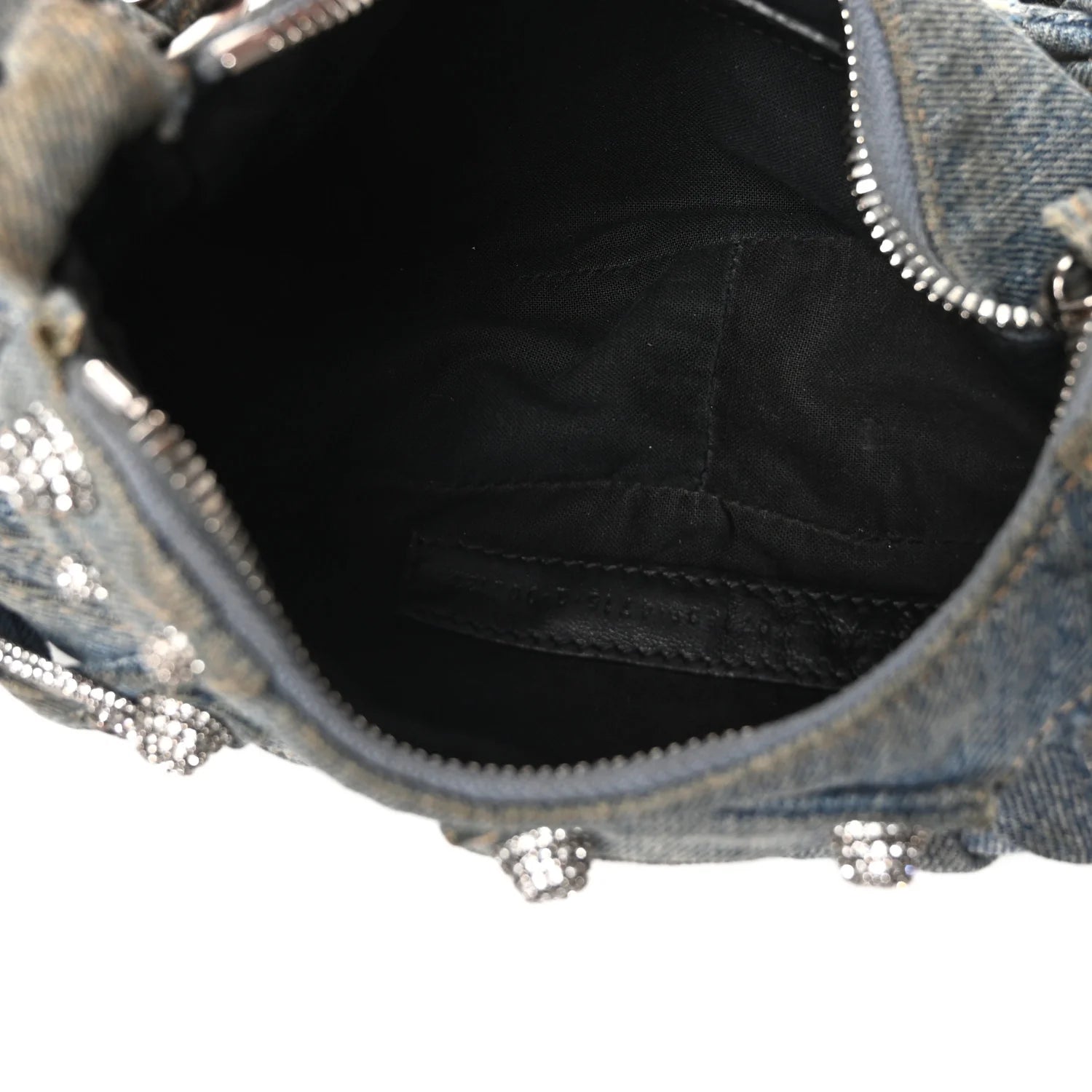 Washed Frayed Denim Crystal Le Cagole Shoulder Bag XS Blue