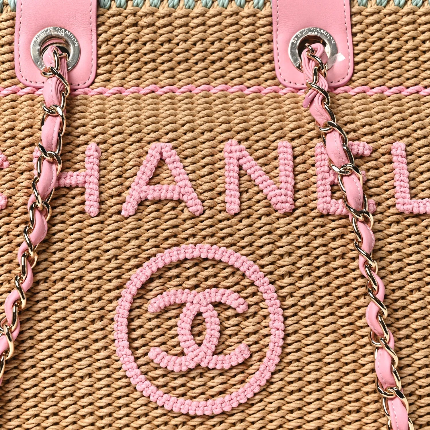 Raffia Crochet Medium Deauville Tote Beige Light Pink Green