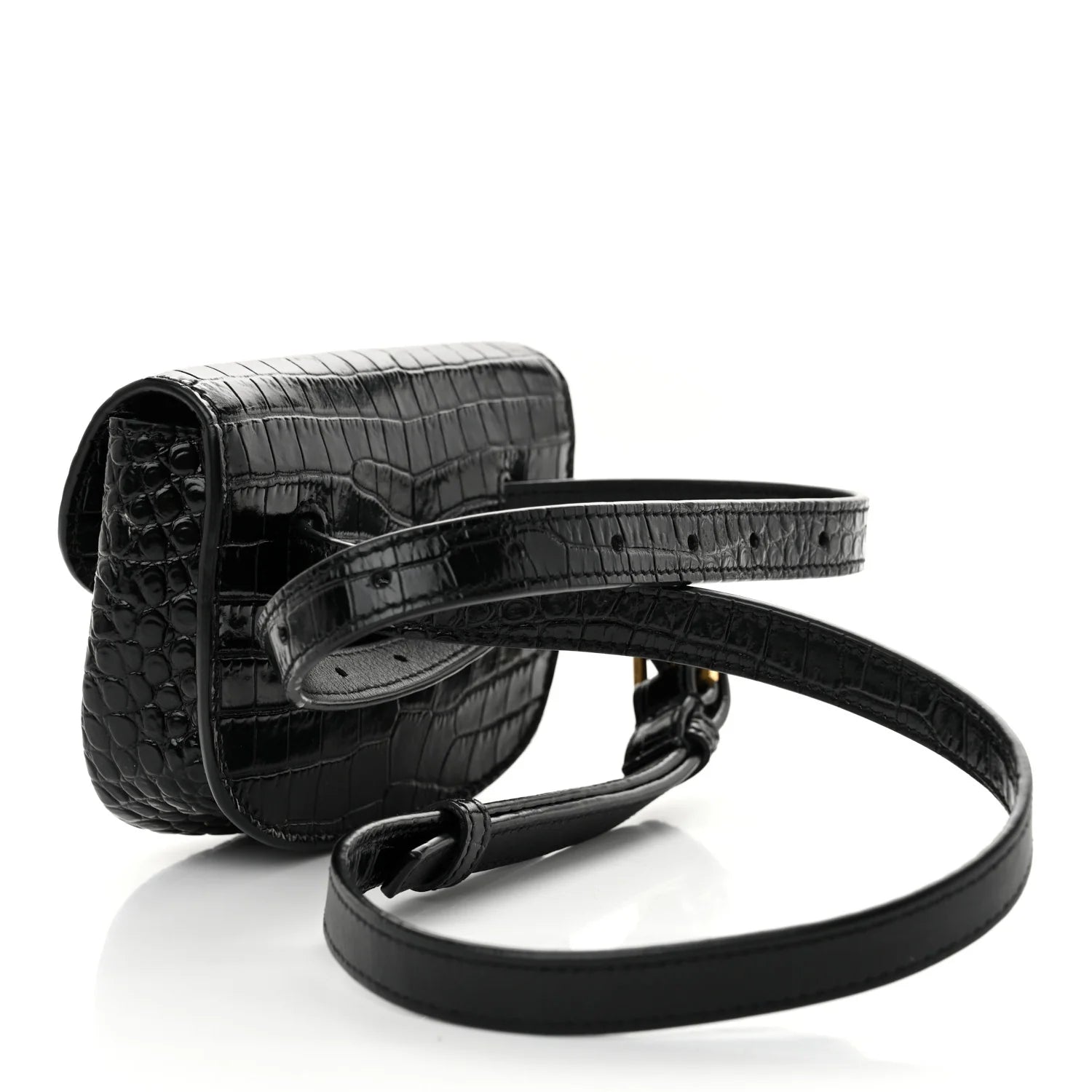 Crocodile Embossed Calfskin Small Kaia Satchel Black