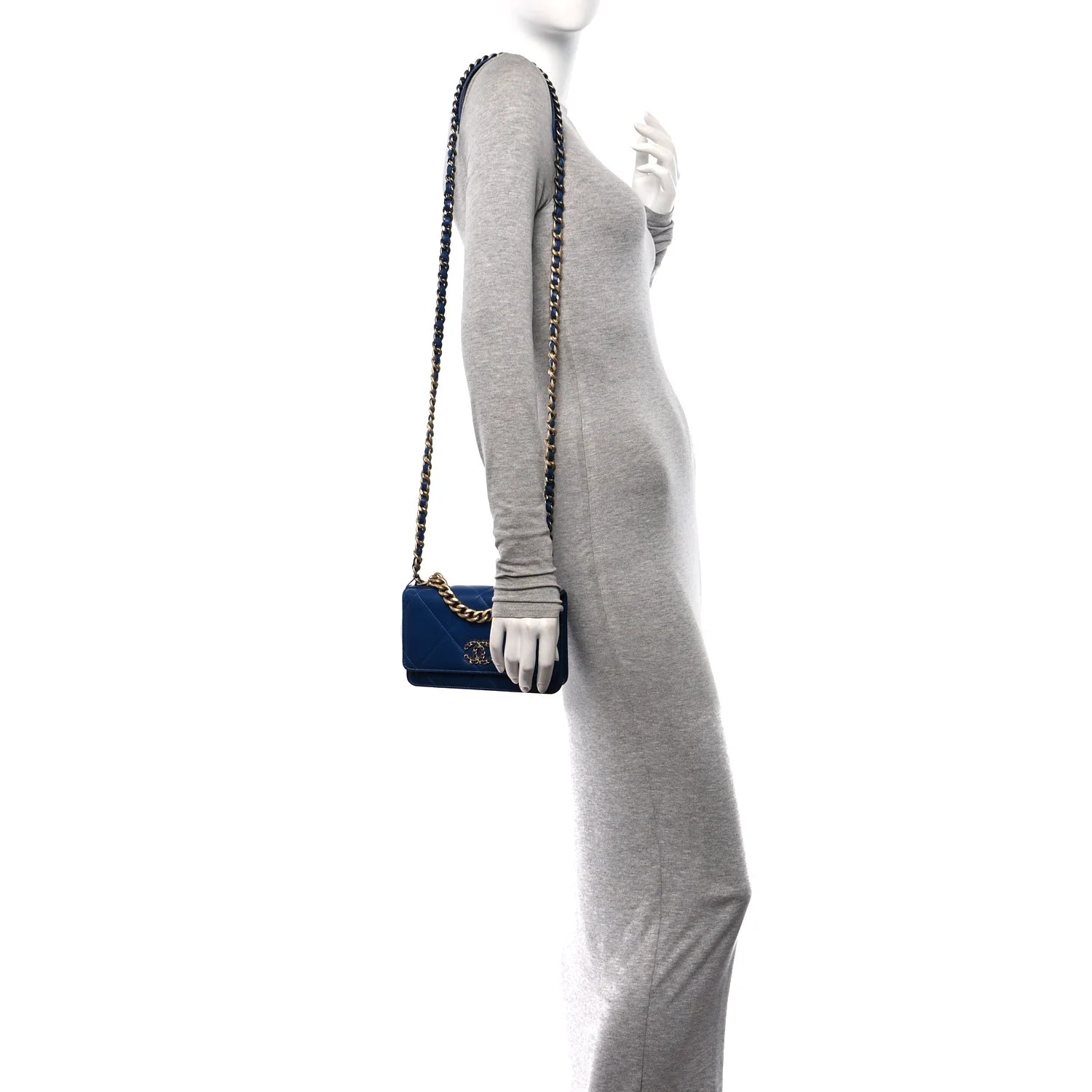 Shiny Goatskin Quilted  19 Wallet on Chain WOC Blue