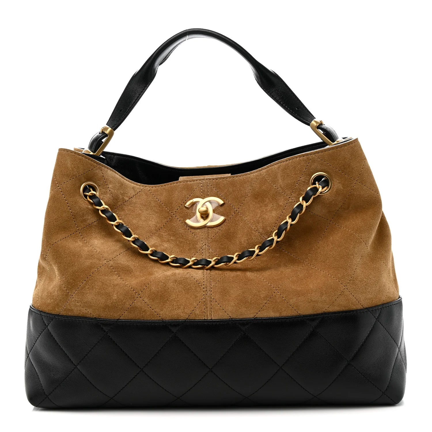 Suede Calfskin Shiny Lambskin Quilted Large Shopping Bag Beige Black