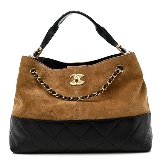 Suede Calfskin Shiny Lambskin Quilted Large Shopping Bag Beige Black