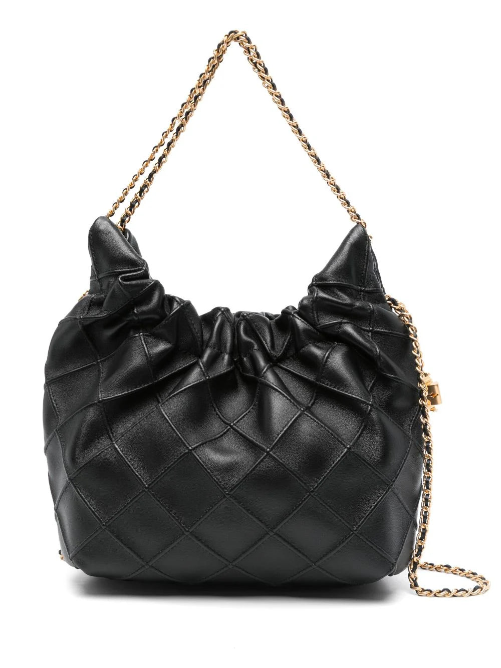 MADE from SOFT LEATHER, the FLEMING DRAWSTRING BAG IS FINISHED with DIAMOND-PATTERNED BRACES and a CHAIN and WOVEN LEATHER SHOULDER STRAP.HEIGHT: 22 CM; LENGTH: 18 CM; DEPTH: 7 CM