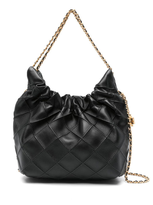 MADE from SOFT LEATHER, the FLEMING DRAWSTRING BAG IS FINISHED with DIAMOND-PATTERNED BRACES and a CHAIN and WOVEN LEATHER SHOULDER STRAP.HEIGHT: 22 CM; LENGTH: 18 CM; DEPTH: 7 CM
