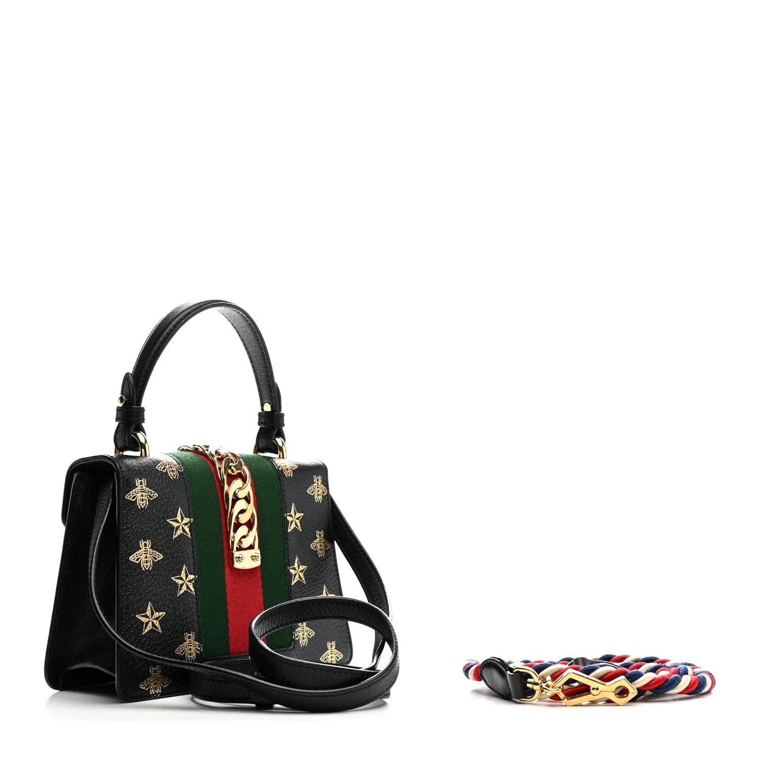 Textured Calfskin Bee Star Print Mini Sylvie Top Handle Bag Black
