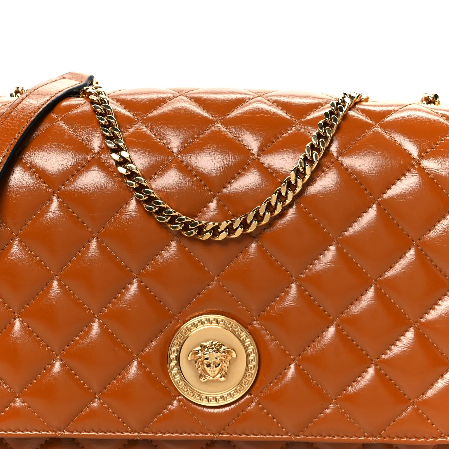 Patent Nappa Quilted La Medusa Chain Crossbody Brown