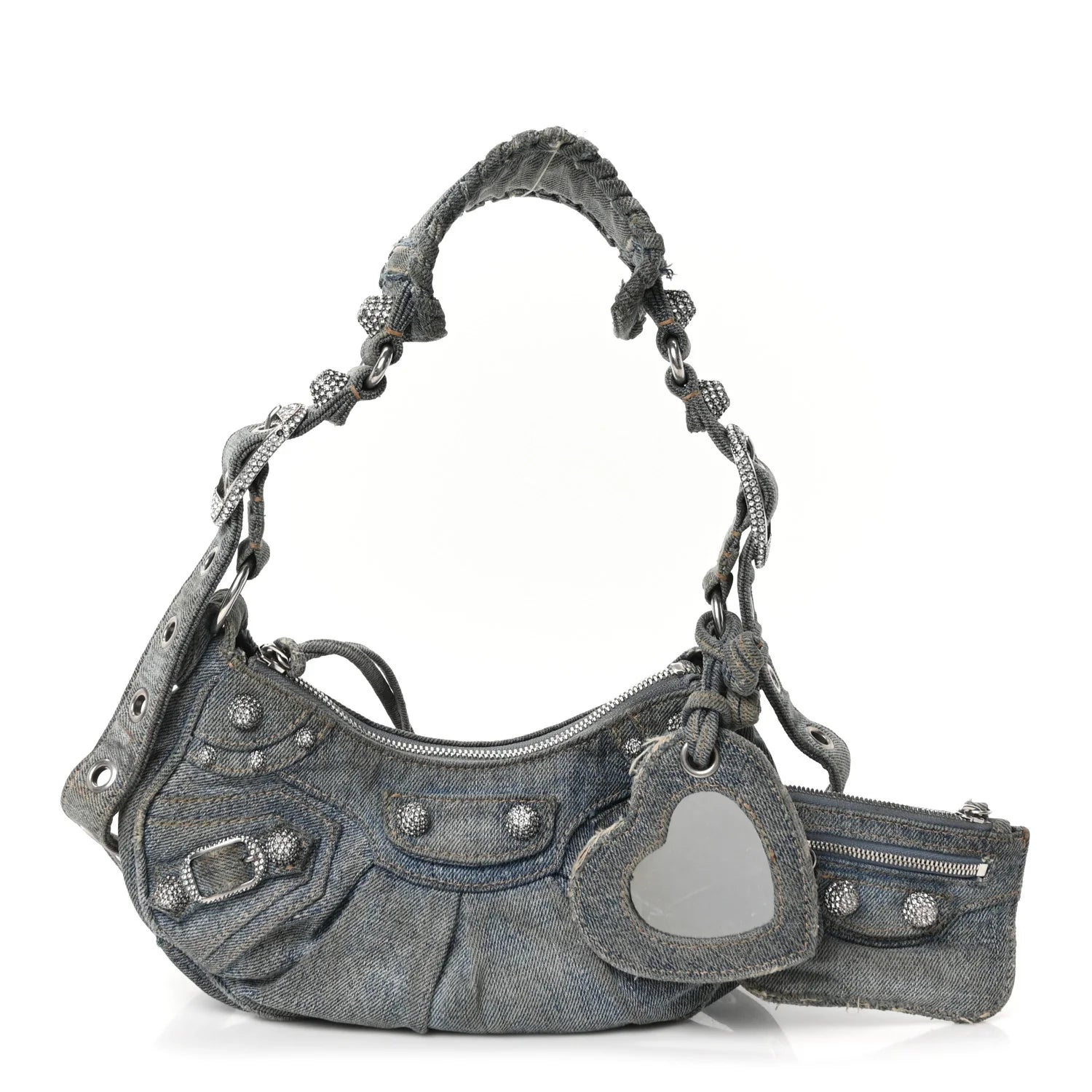 Washed Frayed Denim Crystal Le Cagole Shoulder Bag XS Blue