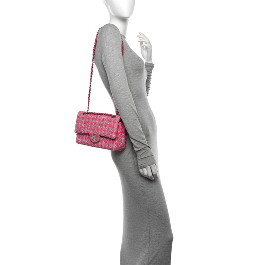 Tweed Quilted Medium Double Flap Hot Pink