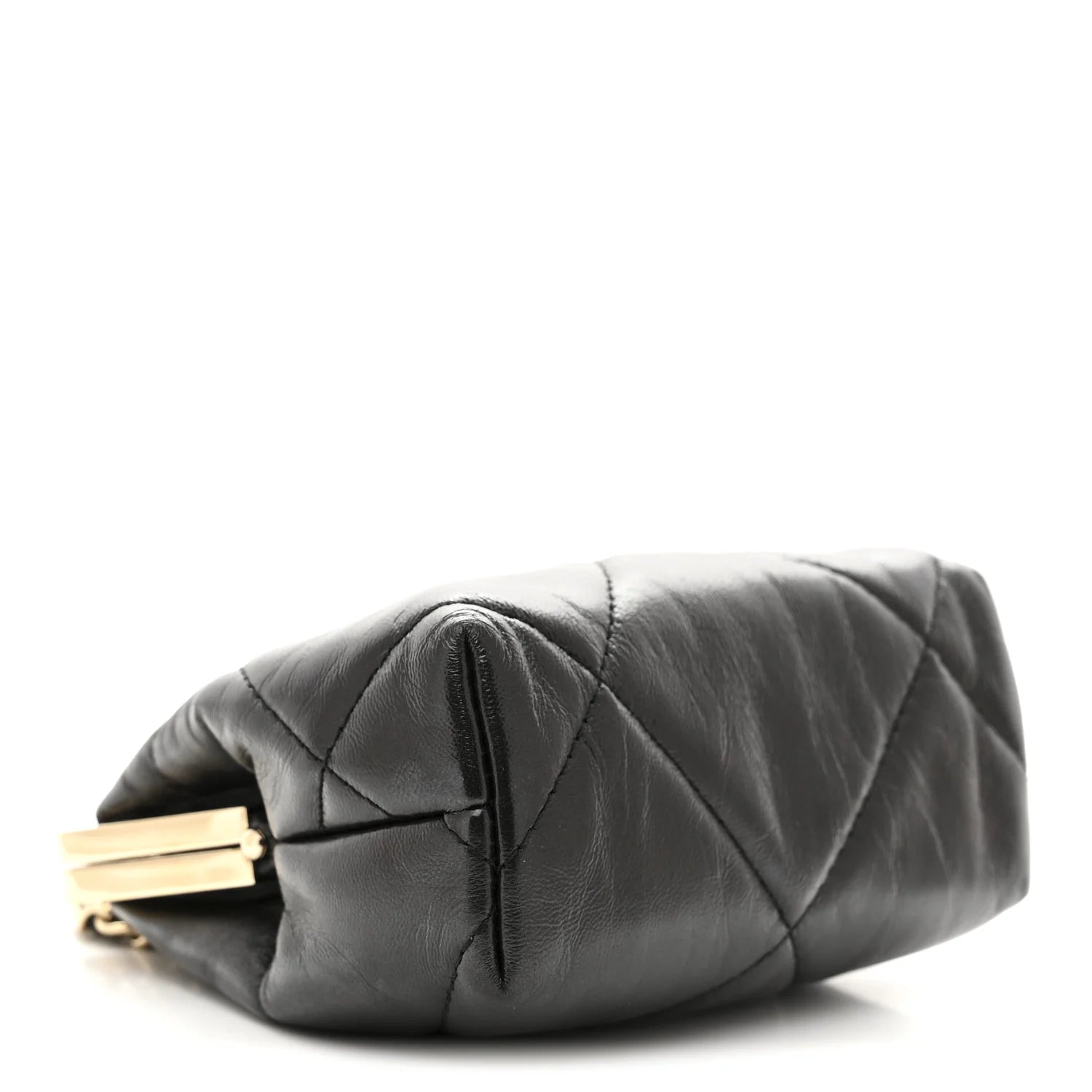 Shiny Aged Lambskin Quilted Kiss Lock Clutch with Chain Black