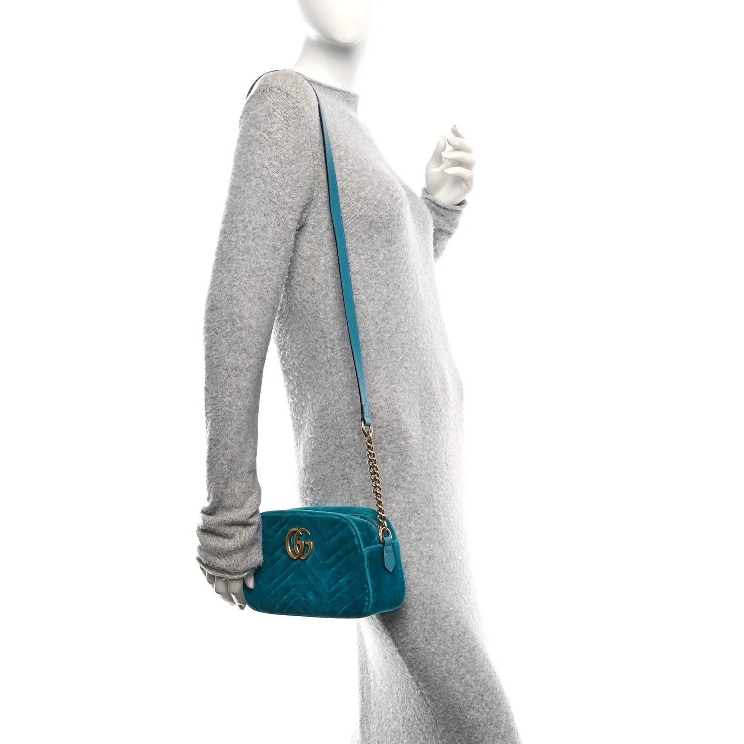 Velvet Matelasse Small GG Marmont Chain Shoulder Bag Pavone Cyan