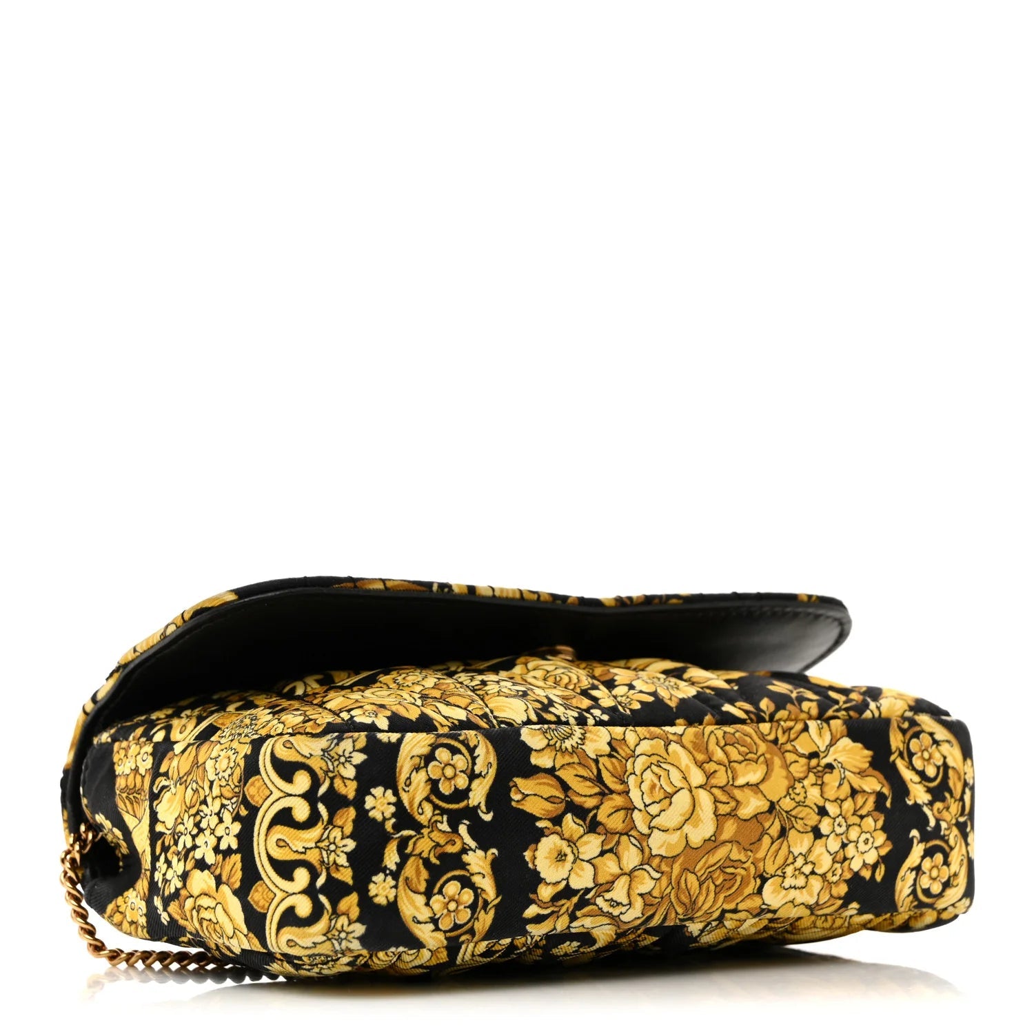 Silk Barocco Printed Quilted Virtus V Mini Chain Flap Shoulder Bag Black Gold
