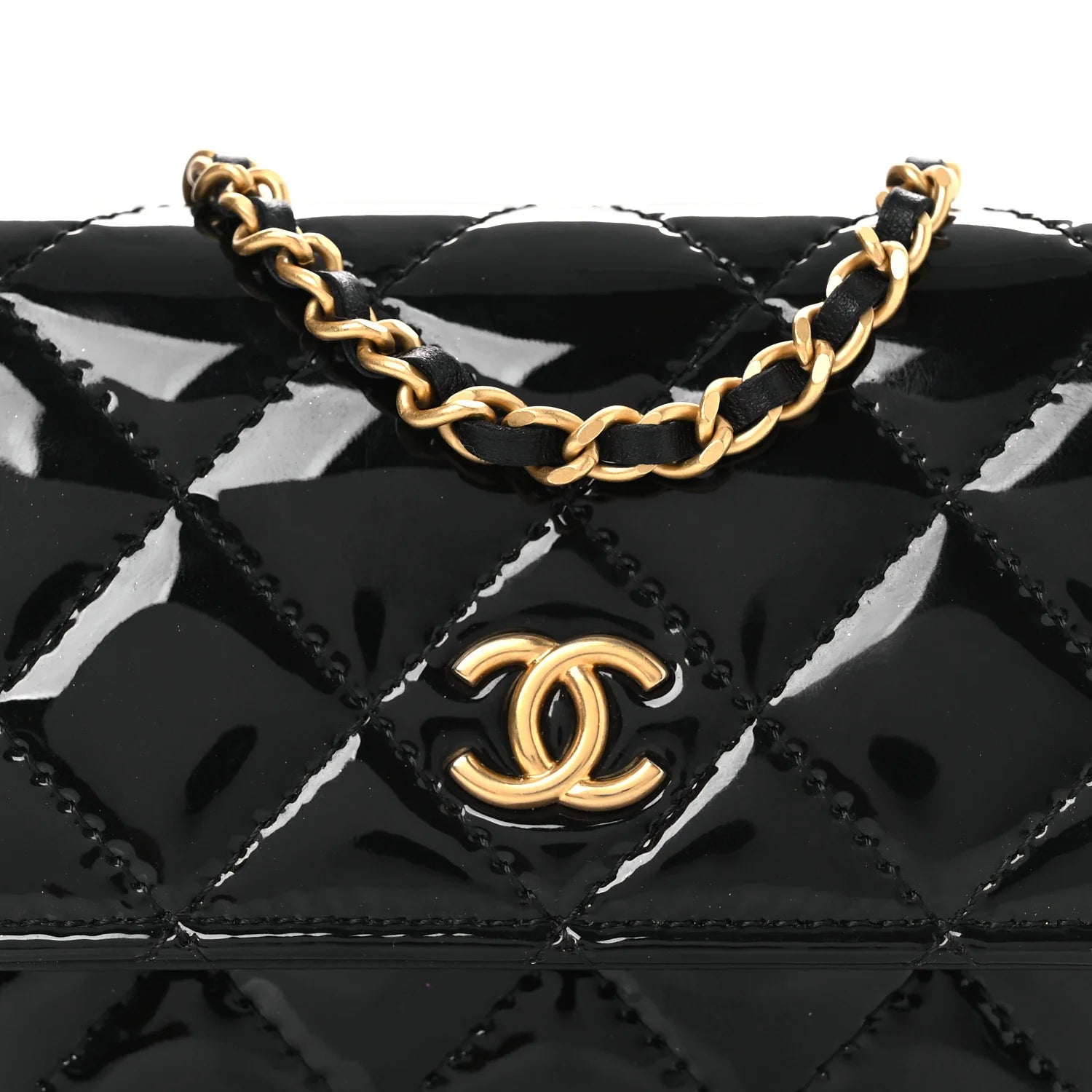 Patent Enamel Quilted Coco Hearts Clutch with Chain Black