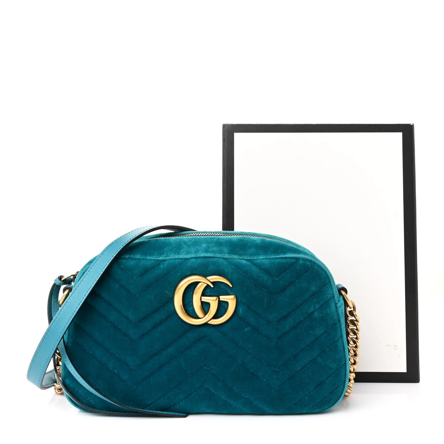 Velvet Matelasse Small GG Marmont Chain Shoulder Bag Pavone Cyan