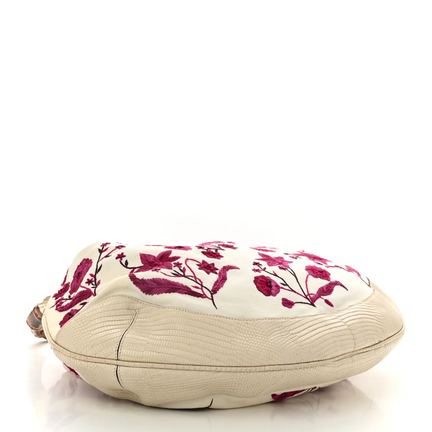 Lizard Canvas Embroidered Peggy Bamboo Top Handle Hobo White Pink