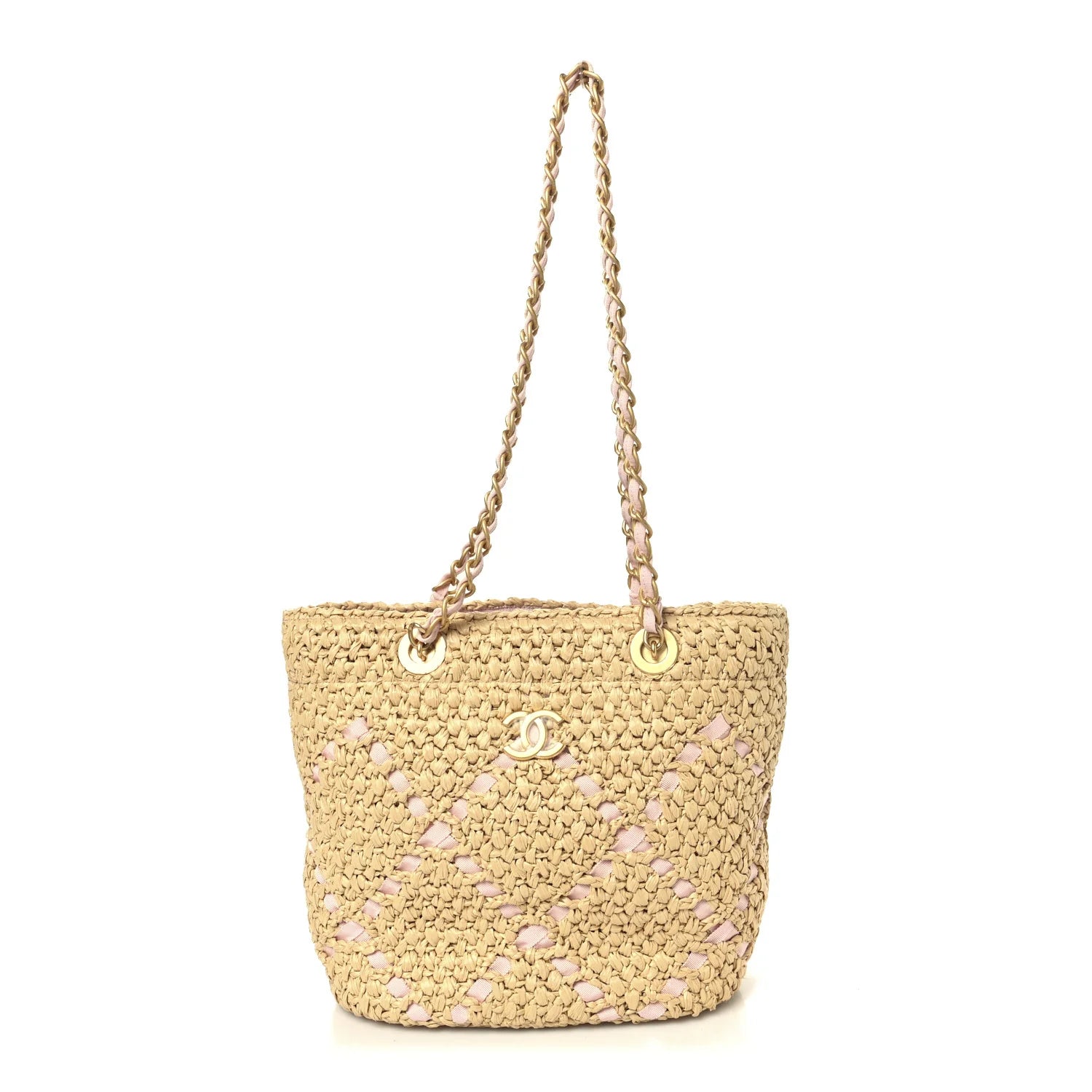 Raffia Braided Grosgrain Ribbon Small Shopping Bag Beige Light Pink