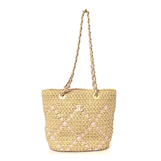 Raffia Braided Grosgrain Ribbon Small Shopping Bag Beige Light Pink