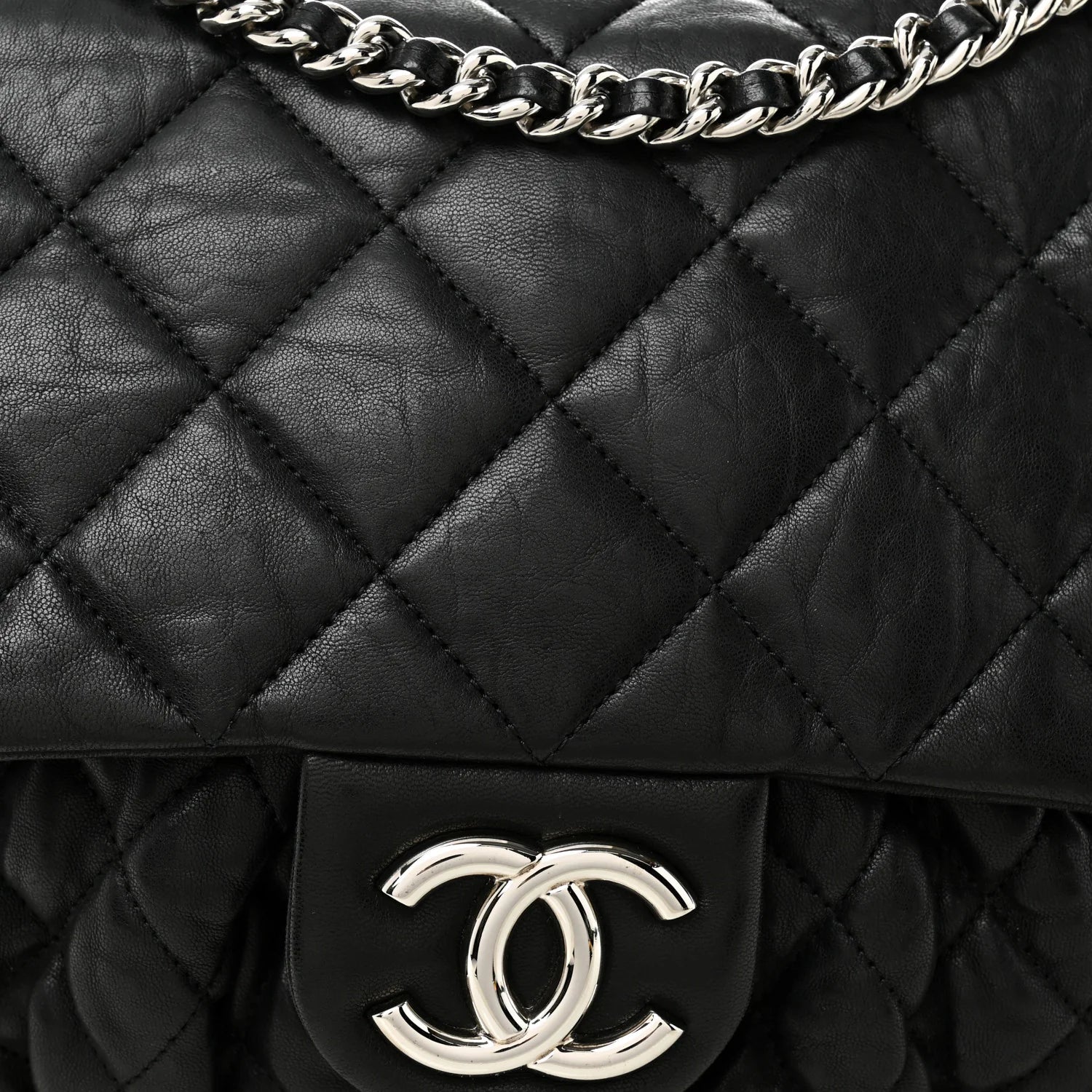 Washed Lambskin Quilted Large Chain around Messenger Black