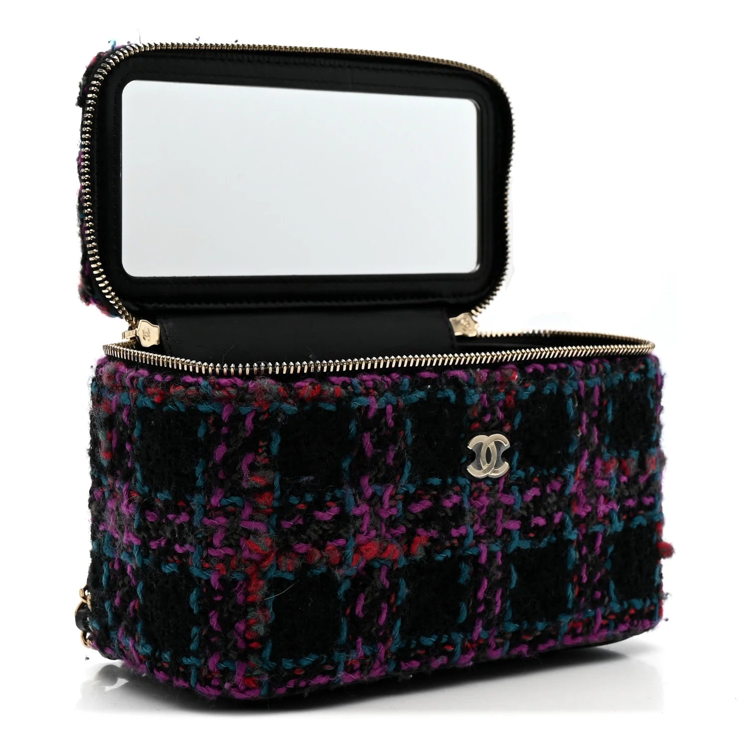 Tweed Quilted Small Vanity Case with Chain Black Purple Green Red