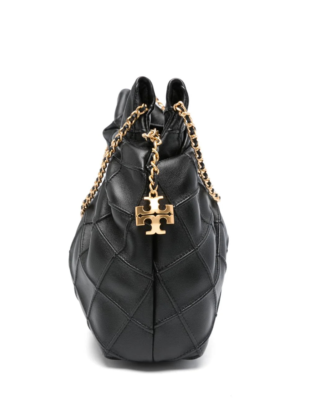 MADE from SOFT LEATHER, the FLEMING DRAWSTRING BAG IS FINISHED with DIAMOND-PATTERNED BRACES and a CHAIN and WOVEN LEATHER SHOULDER STRAP.HEIGHT: 22 CM; LENGTH: 18 CM; DEPTH: 7 CM