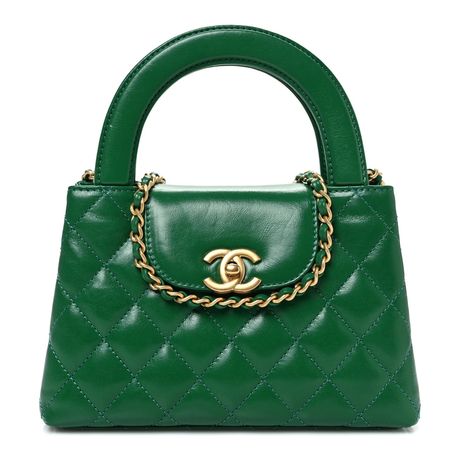 Shiny Aged Calfskin Quilted Nano Kelly Shopper Green