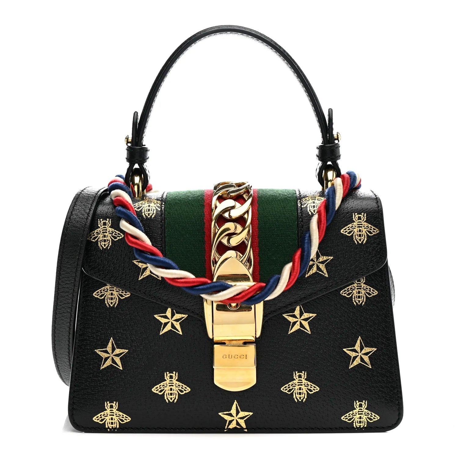 Textured Calfskin Bee Star Print Mini Sylvie Top Handle Bag Black