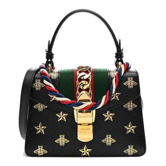 Textured Calfskin Bee Star Print Mini Sylvie Top Handle Bag Black