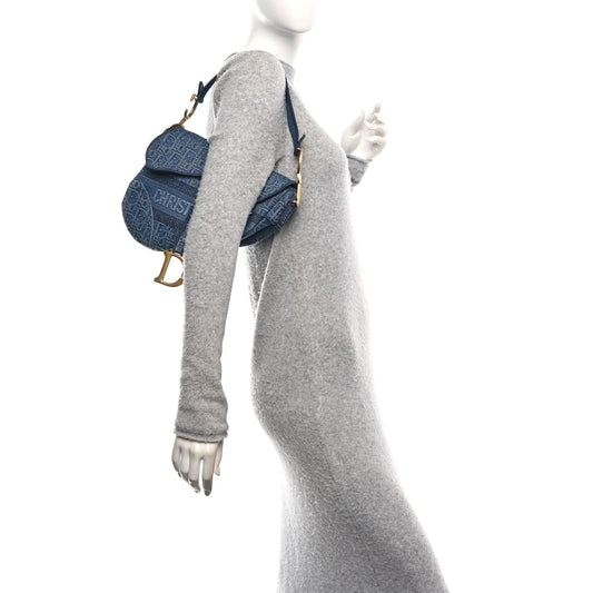 Oblique Embroidered Saddle Bag Denim Blue