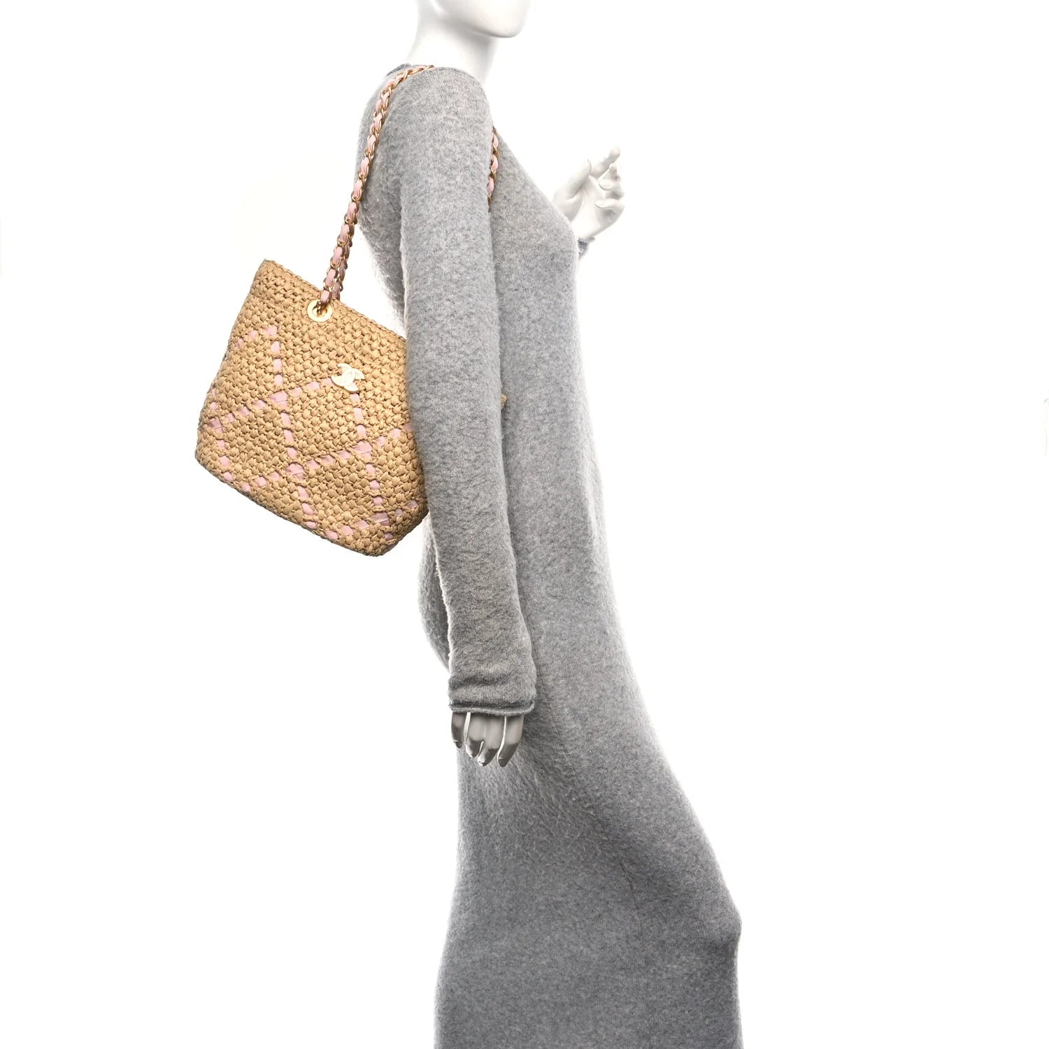 Raffia Braided Grosgrain Ribbon Small Shopping Bag Beige Light Pink