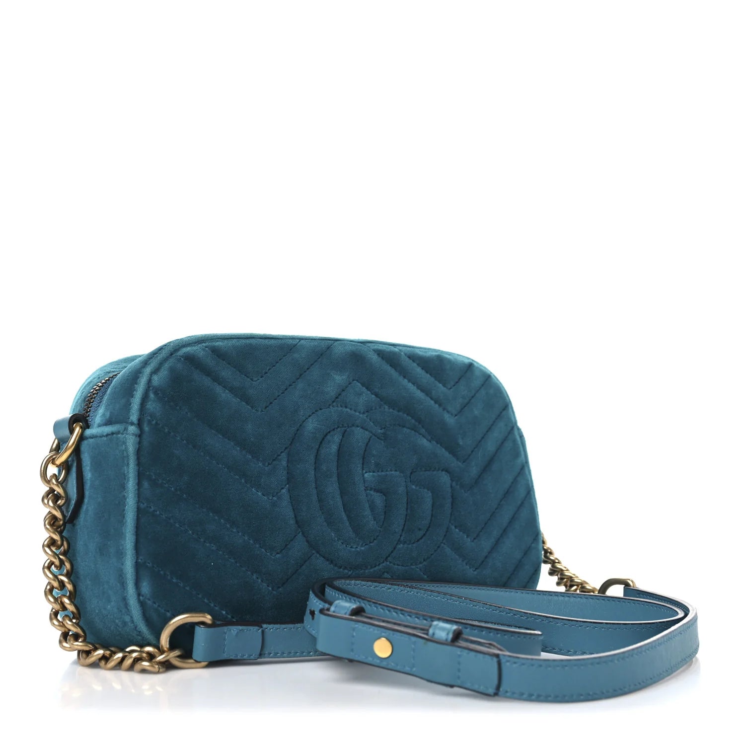 Velvet Matelasse Small GG Marmont Chain Shoulder Bag Pavone Cyan