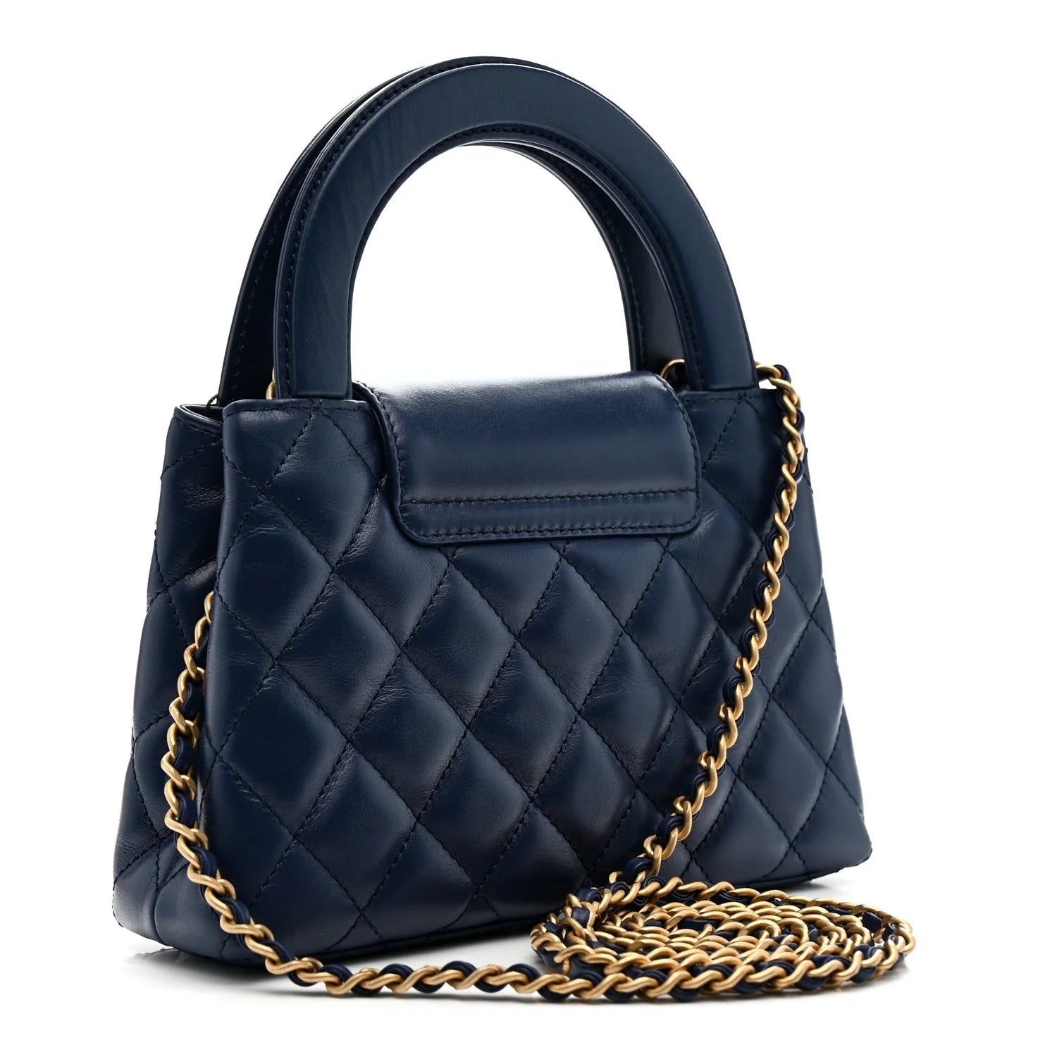 Shiny Aged Calfskin Quilted Nano Kelly Shopper Dark Blue