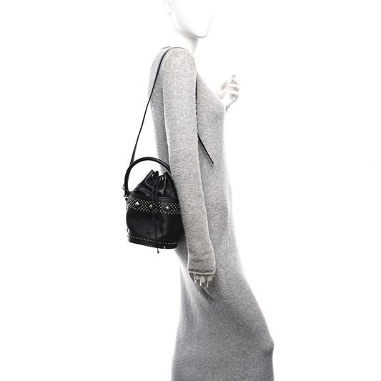 Smooth Calfskin Studded Small Bahia Drawstring Bucket Bag Black