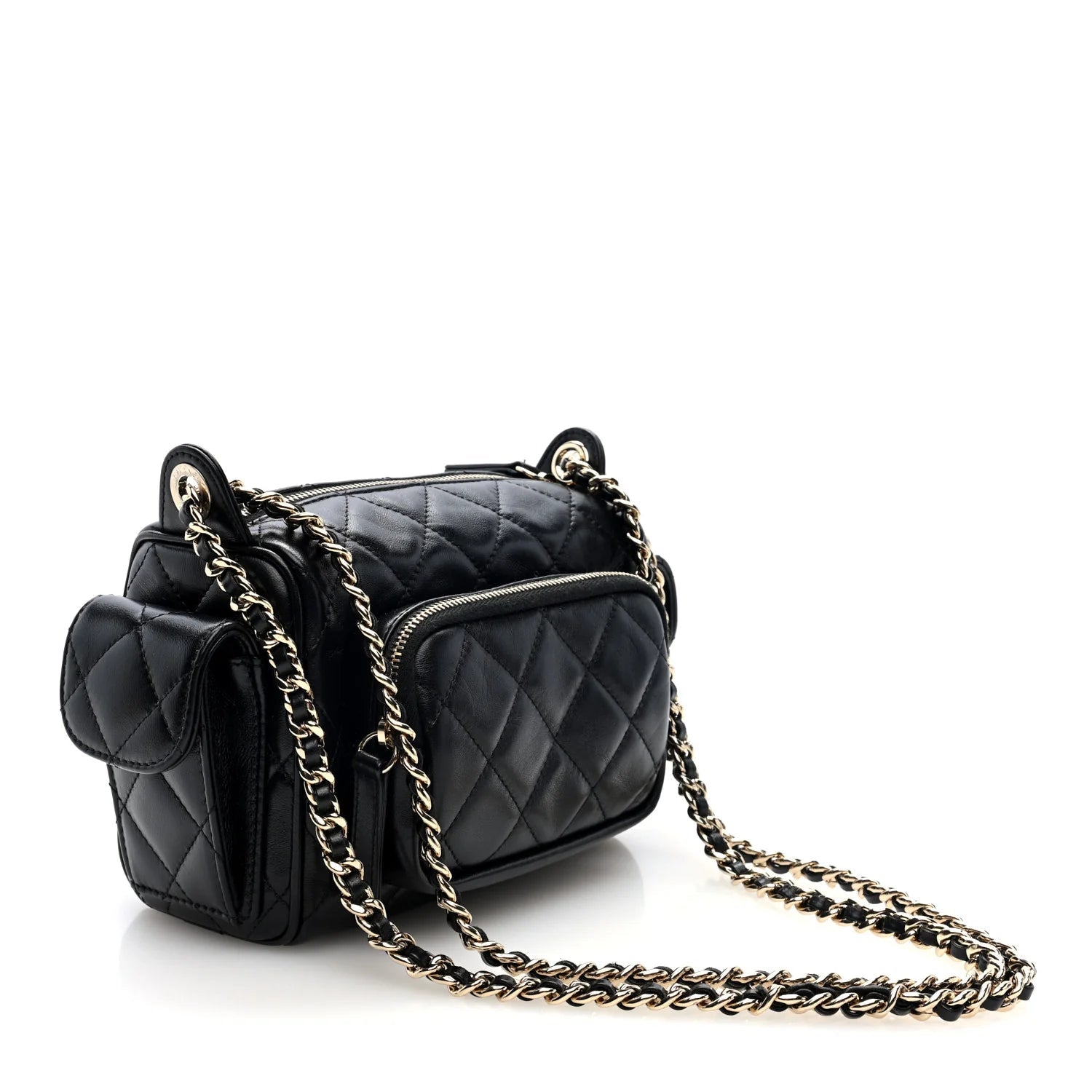 Shiny Crumpled Lambskin Quilted Small Preppy Pocket Camera Case Black