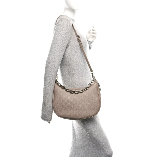 Grainy Calfskin GG Embossed Emblem Large Half Moon Shoulder Bag Taupe